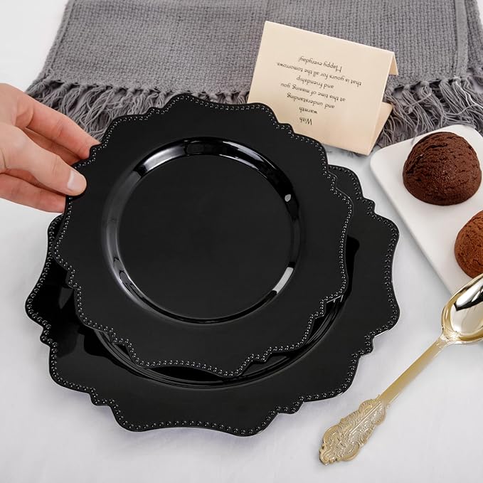 COLOSUS Black Plastic Plates Set,Heavy Duty Black Disposable Plates for 30 guests,Include 30PCS 10.5inch Dinner Plates and 30PCS 8.25 inch Dessert Plates for Party/Wedding/New Year/Birthday