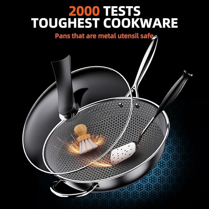 Wok pan,Hybrid 13 inch Deep Fry Wok with Lid, Nonstick Wok with Stay-Cool Handle, Compatible with All Cooktops Including Induction, Stir Fry Pans with Round Bottom (LO9)