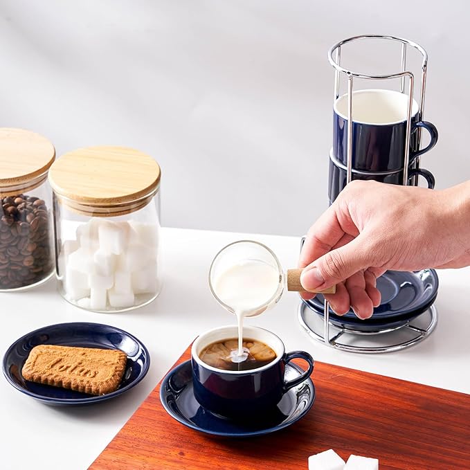 2.5oz Espresso Cups Set of 4, Small Stackable Coffee Cups with Saucers and Metal Stand, Ceramic Demitasse Cups, Cappuccino Cups for Coffee Drinks, Latte, Blue