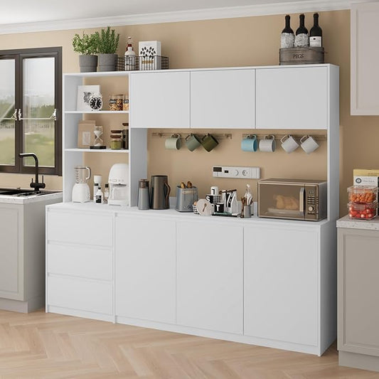Extra Large Kitchen Pantry with Microwave Shelf, Kitchen Hutch Storage Cabinet with Countertop, Freestanding Countertop Cabinet with 3 Drawers and 3 Open Shelves, White