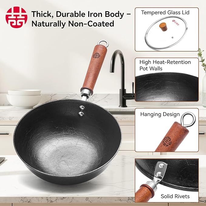 WANGYUANJI 9.5 Inch Cast Iron Wok with Glass Lid ??Small Flat Bottom Stir Fry Pan with Wooden Handle, Non-Coated Cookware for Gas & Open Flame