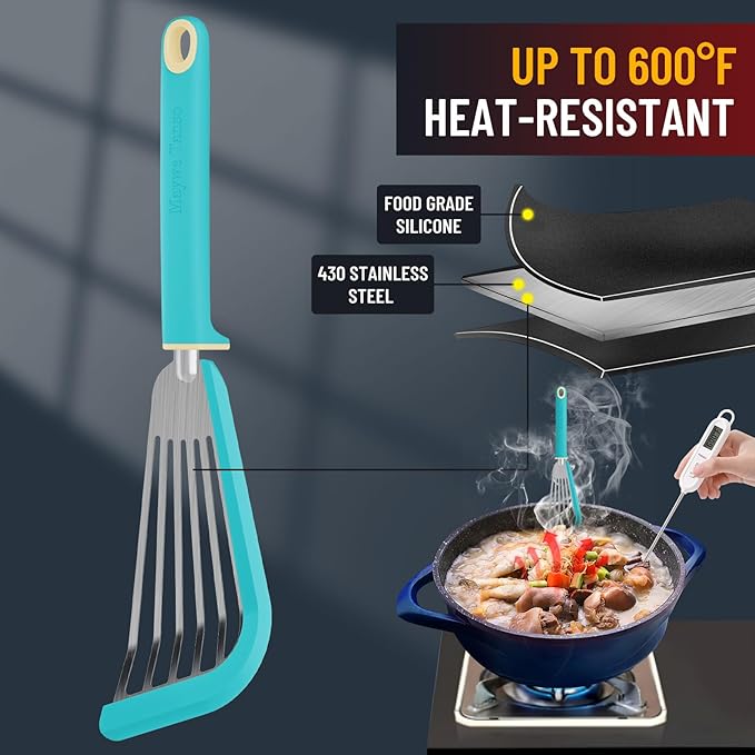 Fish Spatula,600??Heat Resistant Silicone Fish Spatula with Basting Brush,for Nonstick Cookware,Flexible Slotted Fishs Turner Spatulas,BPA Free,Dishwasher Safe(Aqua Sky)
