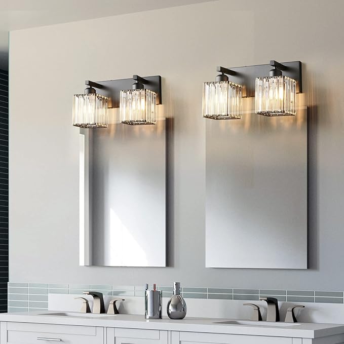 Modern Bathroom Vanity Light 2-Lights Black Crystal Bathroom Wall Light Vanity Light Fixturesï¼?2.59-inch Modern Minimalist Design