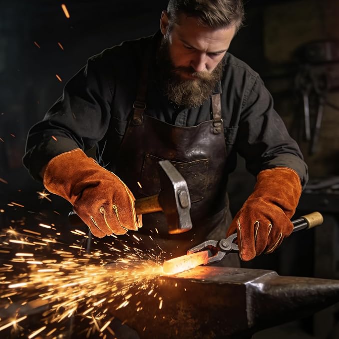 OZERO 932째F Heat Resistant Welding Gloves: 14 inches Cowhide Leather Long Sleeve and Insulated Lining Grill Glove - for Tig Mig Welder Forge Stove Oven Baking Fireplace Barbecue Grilling, Brown