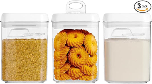 Felli Flip Tite Storage Container with Built-In Spoon & Airtight Lid 5??Large-M Ring Flip Top, Stackable Acrylic Canister for Rice Sugar Flour Protein Powder, Kitchen Pantry Organizer (1.8qt)