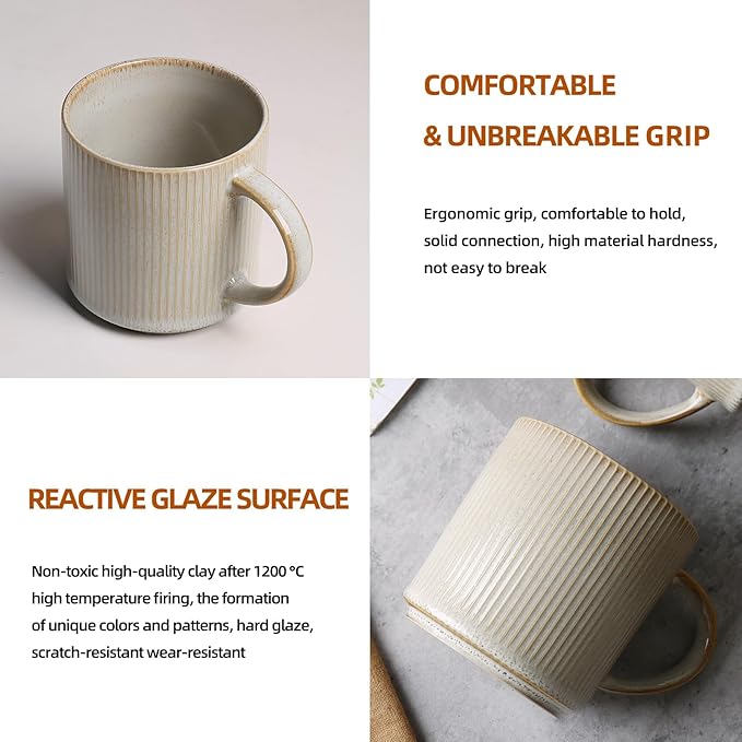 MONITO Coffee Mugs Set of 6, 16 oz Mugs Set, Ceramic Coffee Cups with Large Handles, Suitable for Lattes, Hot tea, Cappuccinos, Mochas and Cocoa,Bonbon Beige