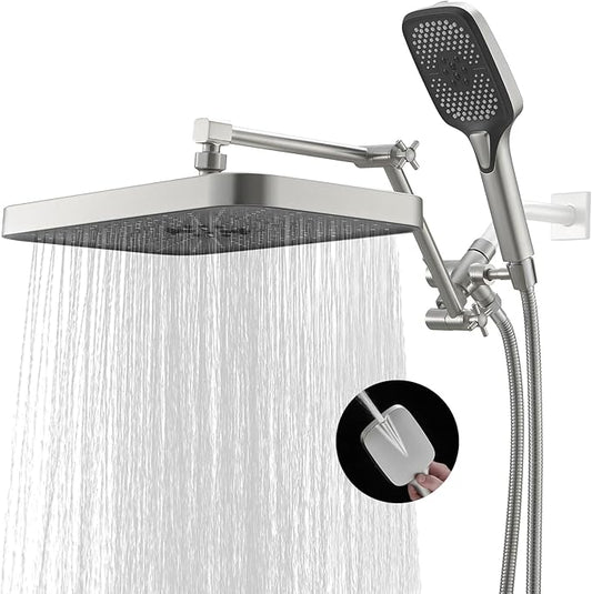 High Pressure Wide Rain Shower Head with Handheld Spray Combo, 14 Inch Rainfall Shower Heads with Adjustable Extention Arm, Dual Waterfall Showerhead with 3-Way Diverter(Brushed Nickel)