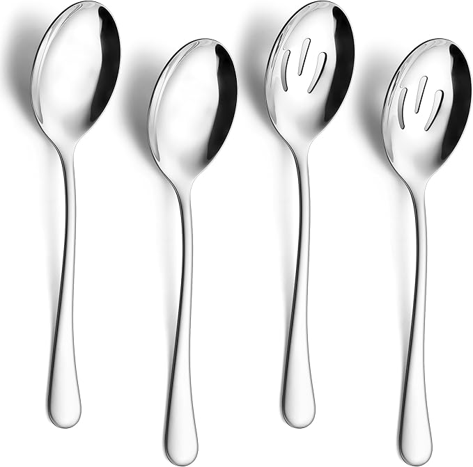 E-far Large Serving Spoons Set of 4, 9.8 Inch Stainless Steel Serving Utensils Set Includes Slotted & Solid Spoons for Buffet Party Catering Wedding Kitchen Restaurant, Dishwasher Safe