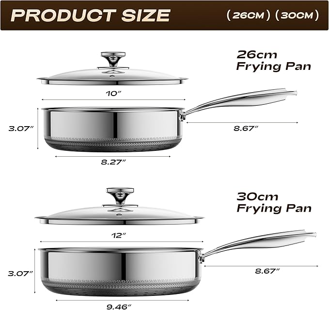 Frying Pans Nonstick with Lid,Hybrid Nonstick 5-Quart Deep Saut챕 Pan,PFAS PFOA PTFE Free,Stay-Cool Handle,12 Inch Deep Frying Pan Dishwasher-Friendly, Oven-Safe, Compatible with All Cooktops