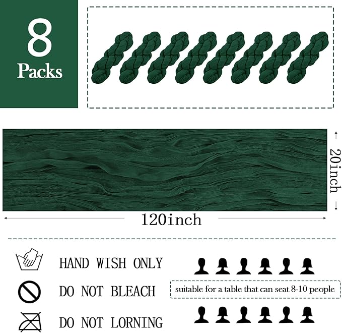 8 Pack Emerald Green Cheesecloth Table Runner 20 x 120 inch Gauze Table Runners 10 FT Long,Semi Sheer Boho Cheese Cloth Fabric Table Runner Bulk for Wedding,Party,Baby Shower,Bridal Shower Decoration