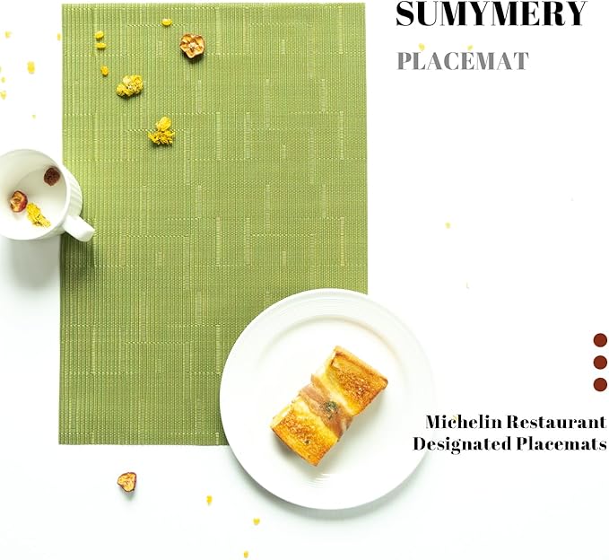 SUMYMERY Placemats Set of 6 Vinyl/Plastic Woven Place Mats for Kitchen Table Indoor/Outdoor Washable Placemat Wipeable Dining Table Mats (Oliver Green,6)