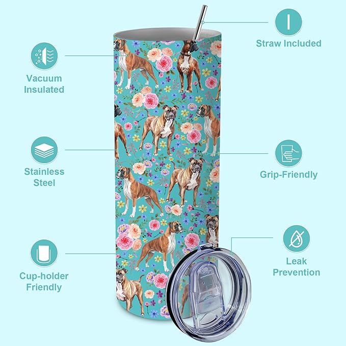 Yogusut Boxer Dog Gifts for Women, 20oz Stainless Steel Insulated Tumbler Travel Mug Cup with Lid Straw Brush, Gifts for Dog Mom Dog Lover