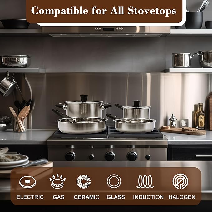 6-Piece Stainless Steel Pots and Pans Set, Kitchen Cookware Set with Stay-Cool Handles Compatible with Gas, Electric & Induction, Dishwasher Safe, Non-Toxic & Durable for Everyday Cooking