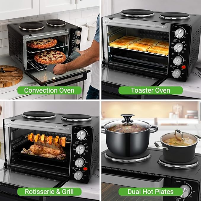 Nutrichef 2-in-1 Convection Oven & Cooker - 30 Quart, 1500W Multi-Function Kitchen Oven with Dual Hot Plates, 7 Cooking Modes Including Rotisserie, Broil, Bake - 19.6 x 16.0 x 13.5 Inches