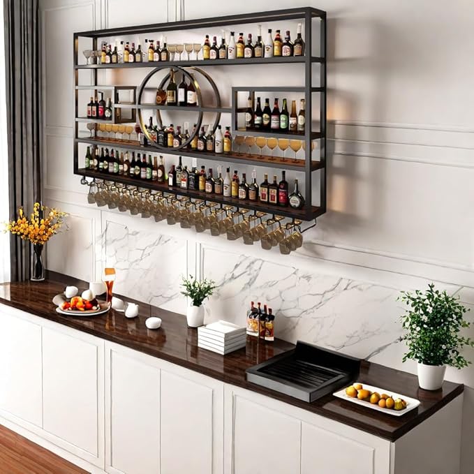 71in Modern Wine Rack Wall Mounted, Metal Wall Bar Shelves for Liquor Bottles with Glass Holder, Multifunctional Wood Bar Shelves Wall Mounted for Home Bar, Dining Room & Kitchen, Black