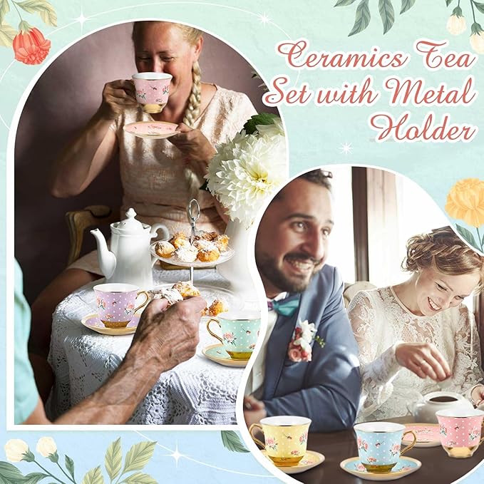 Set of 12 Tea Cups and Saucers Tea Party Decorations Floral Porcelain 5.4 oz British Gift for Women Birthday Party, Church, and Mother's Day (Vintage Style)