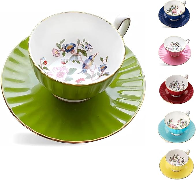 Aynsley Pembroke Glaze Oban 2-Piece Fine Bone China Teacup & Saucer - 6oz (180ml), Handpainted Floral with Gold Trim - Vintage Gift Set-Mill Green