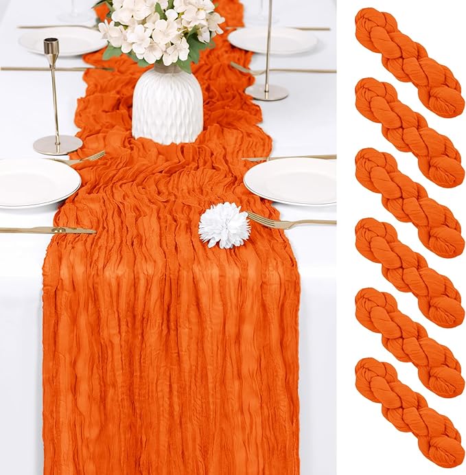 RealBox 6 Pack Orange Cheesecloth Table Runner 17x108 Inch Semi Sheer Boho Gauze Cheese Cloth Fabric Table Runners Table Decor for Wedding Party Baby Shower Birthday Home Decor Garden Farmhouse