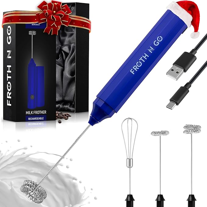 Zulay Froth N Go Milk Frother ??Rechargeable 3-in-1 Handheld Frother Wand with Travel Case & USB-C Charger ??Single, Double & Egg Whisk for Latte, Cappuccino, Matcha, Protein Shakes ??Royal Blue