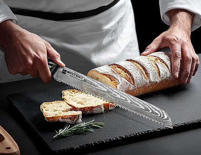 WIZEKA 10 inch Damascus Serrated Bread Knife for Homemade Bread: Razor Sharp VG10 Damascus Steel Multifunction Serrated Knife for Slicing Homemade Bread, Bagels, Cake