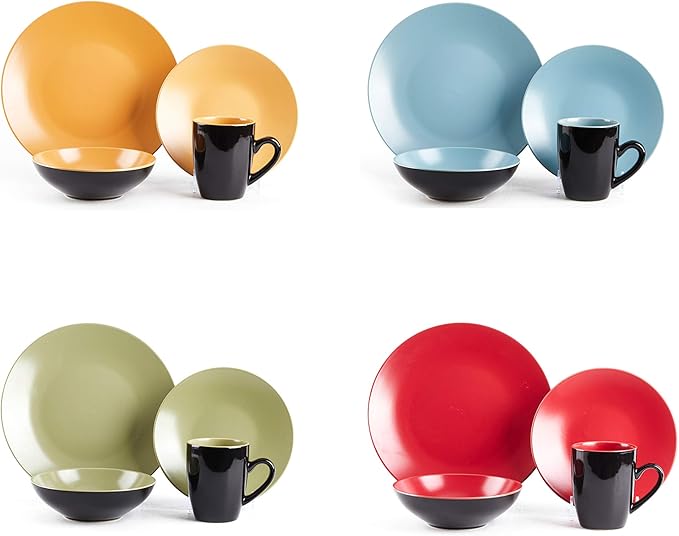 Stoneware Two-Tone Colors Life 16pc Dinnerware Set竊똎utside Shinny Black + Inside Matte Finished Very Funny - 4 Assorted Colors Turquoise, Olive, Curry and Red