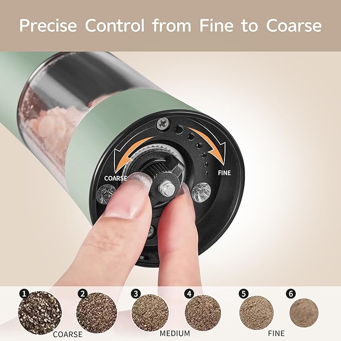 Electric Salt and Pepper Grinder Set?밬SB-C Rechargeable Charging Base Pepper Mill, Dual LED Light, Adjustable Coarseness,One-Handed Operation, Stainless Steel Sage Green Finish,2pack