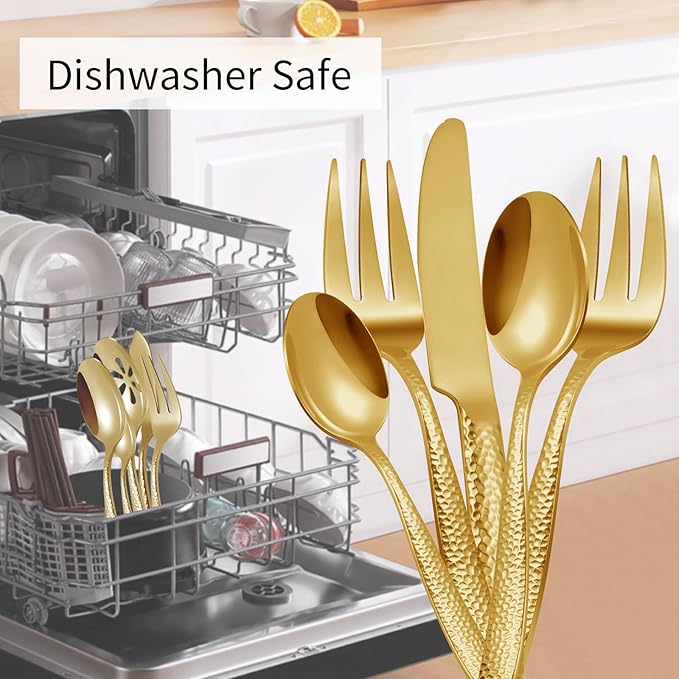 Flatware Set Gold Hammered 45 Pieces Stainless Steel Cutlery Set Silverware Serving Set Service for 8Home Event Use Wedding Housewarming Gift