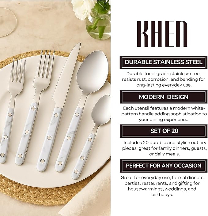 Khen 20-Piece Cutlery Set ??Includes Dinner Knives, Forks, Spoons, Salad Forks & Teaspoons ??Dishwasher Safe Cutlery Set for Home, Kitchen, Parties & Special Occasions ??Carrera Pattern Handles