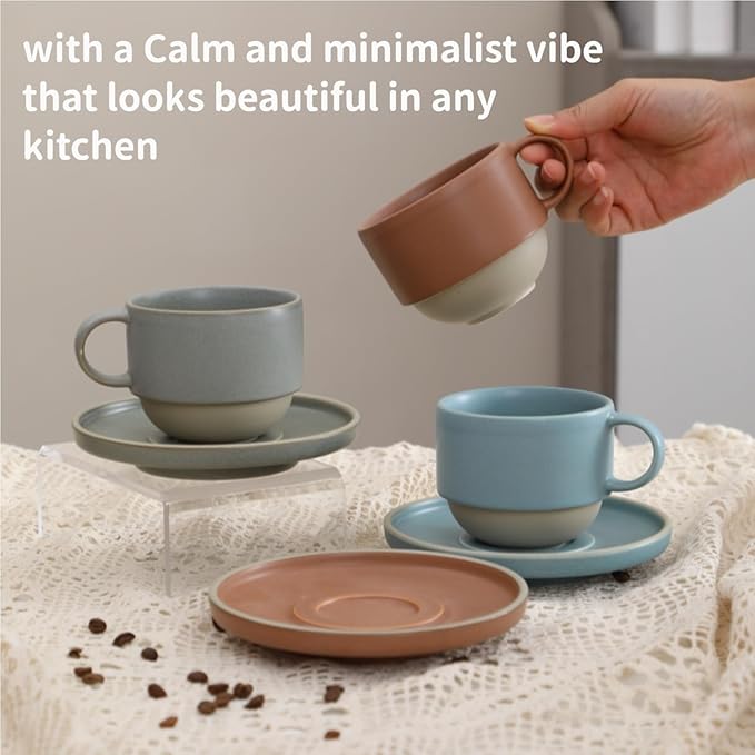 8oz Minimalist Handmade Ceramic Cappuccino Barista Cup with Saucer ??Artisanal Stoneware Espresso Coffee Mug, Lead-Free Latte Art Mug竊똇andmade Pottery tea mug or tea cup (Matte Brown)