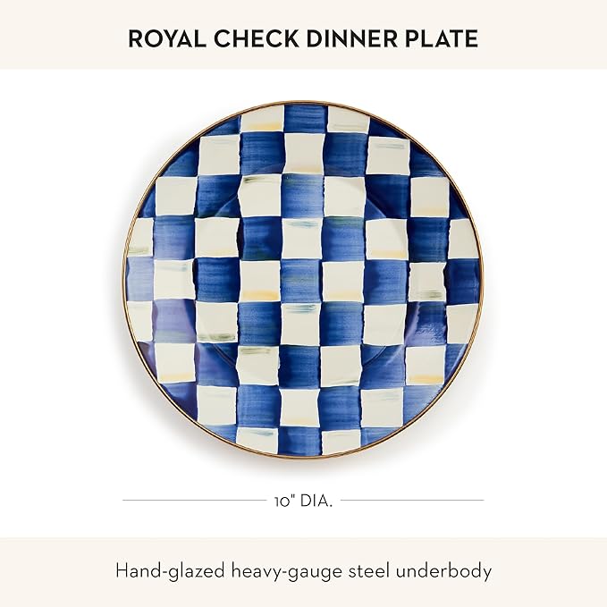 MACKENZIE-CHILDS Enamel Dinner Plate, Decorative Dinnerware Plate, 10 Inches, Set of 1, Blue-and-White Royal Check
