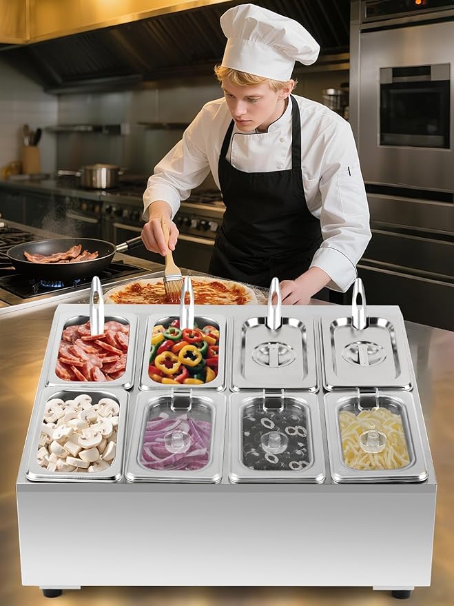 Lanstics Pizza Topping Station Pizza Storage Container Topping containers with Lids Spoon Condiment Organizers Buffet Containers Set for Restaurant Pizza Sauce Jam Fruit Ingredient Pantry (8 Pans)