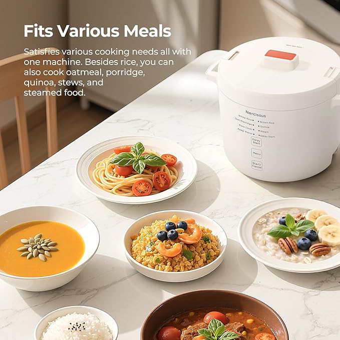 Narcissus 3.5-Cup Rice Cooker for 1-3 People, Multifunctional for Rice, Oatmeal, Quinoa - Slow Cook, Steam, Cook Rice & Steam Dish Together, Rice White