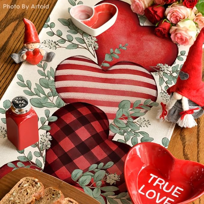 Artoid Mode Eucalyptus Hearts Valentine's Day Table Runner, Anniversary Holiday Kitchen Dining Table Decoration for Home Party Decor 13x90 Inch