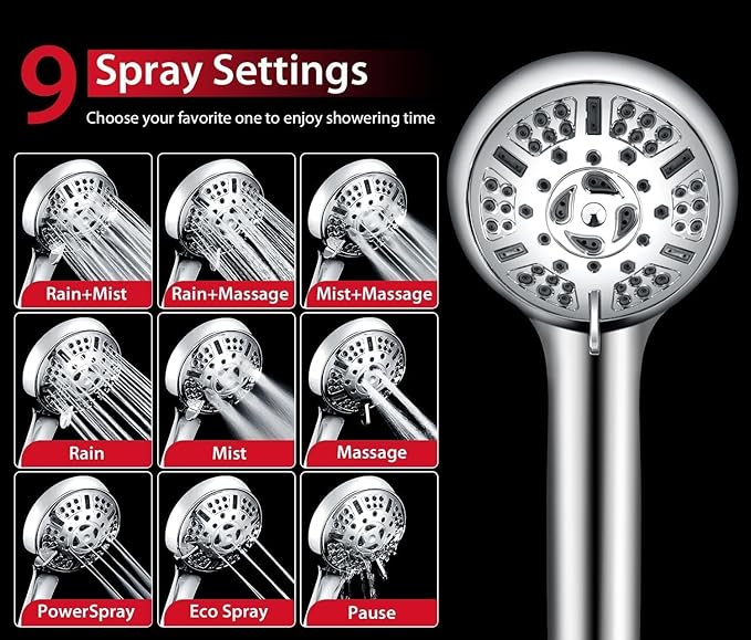 GRICH 2.5GPM Shower Head with Handheld Spray Combo: 2 in 1 Rainfall Shower Heads high pressure & Handheld Shower Head, 9 Spray Modes/Settings Detachable Shower Head with 60 Inch Hose