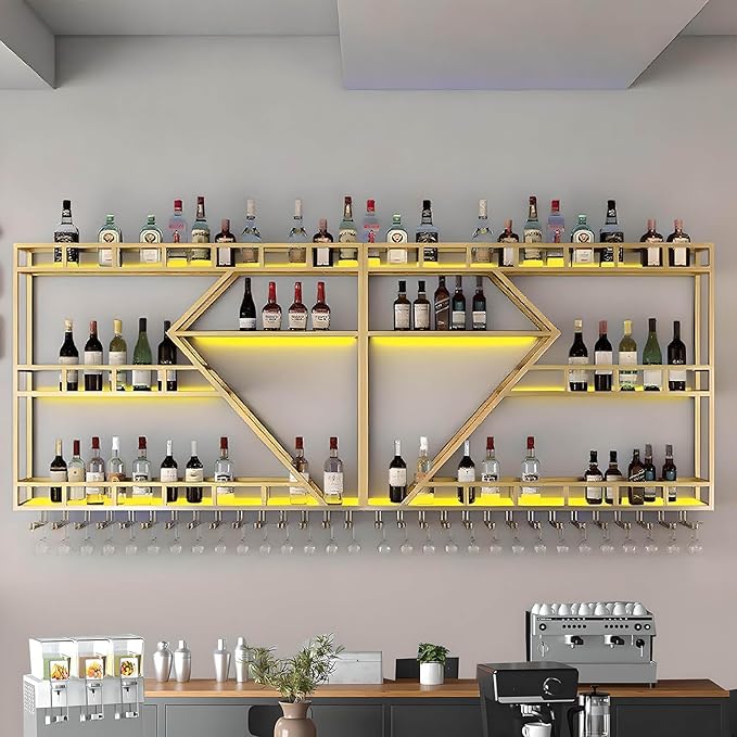 Wall Mounted Wine Rack, Large Metal Wine Bottle Holder, Modern Fashion Diamond Shaped Floating Bar Unit Wine Storage Shelves, for Home Restaurant Bars Decor (Gold, 3 Tier - 79in)