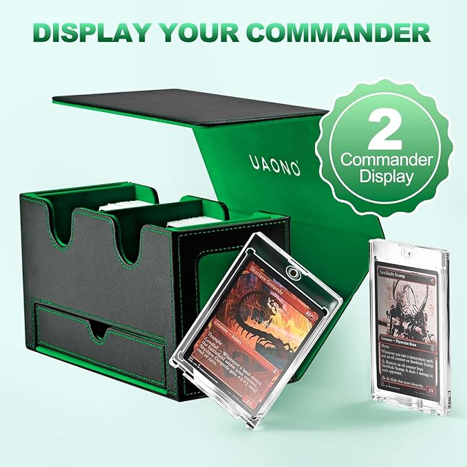 Card Deck Box for MTG, Double Card Storage Box with 2 Commander Display & 1 Dice Tray, Fits 200+ Double Sleeved Cards, Organizer for CCG TCG Sports Cards (Black Green)