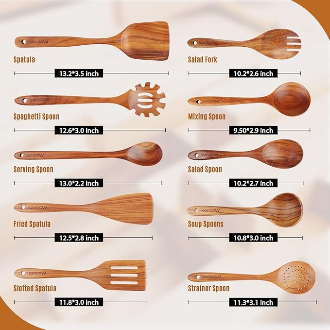 Wooden Spoons for Cooking, Wooden Utensils for Cooking Natural Teak Wooden Kitchen Utensils Set Comfort Grip(10 PCS SET GIFT BOX)