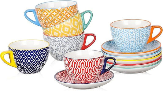 Selamica Ceramic 8 oz Cappuccino Cup Set with Saucers, Espresso Coffee Cups, Latte Macchiato for Party Cafe Home, Set of 6, Assorted Colors
