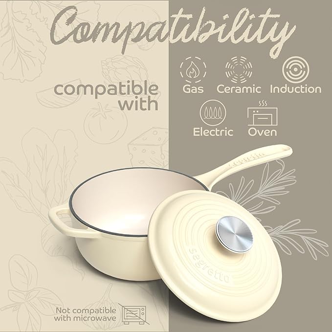 Small Sauce Pan with Lid, 2.13 QT Bianco Perla (Off-White) Sauce Pot, Small Pot with Stay Cool Helper Handle and Tight-Fitting Lid- Segretto Cookware