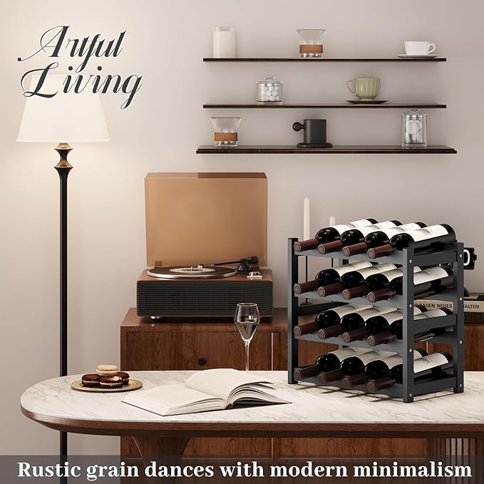 Wine Rack竊똁amboo Wine Storage Cabinet Shelf竊똂ountertop Wine Shelf- Freestanding Wine Holder for Kitchen & Pantry (Black, 4-Tier)