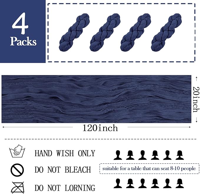 4 Pack Navy Blue Cheesecloth Table Runner 20 x 120 inch Gauze Table Runners 10 FT Long,Semi Sheer Boho Cheese Cloth Fabric Table Runner Bulk for Wedding,Party,Baby Shower,Bridal Shower Decoration