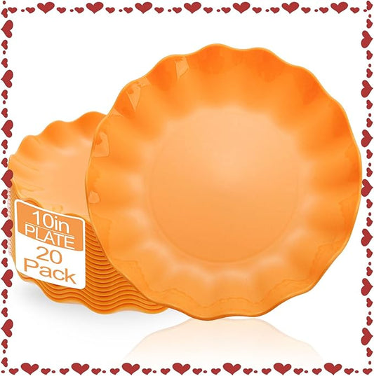 LIYH 20 Pcs 10 Inch Orange Plastic Scalloped Plates Reusable - Unbreakable Dinner Plates-Dishwasher Safe, Perfect for Halloween & Thanksgiving Party BPA Free