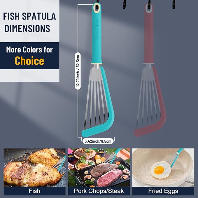 Fish Spatula,600??Heat Resistant Silicone Fish Spatula with Basting Brush,for Nonstick Cookware,Flexible Slotted Fishs Turner Spatulas,BPA Free,Dishwasher Safe(Aqua Sky)