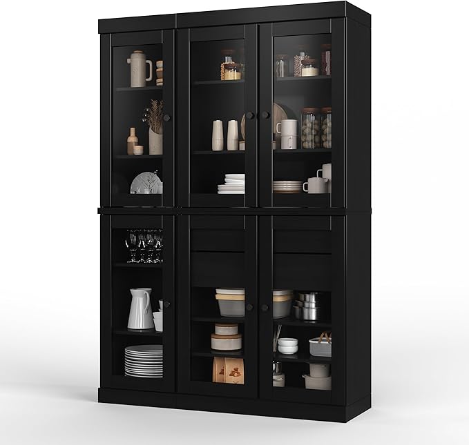 Palace Imports 100% Solid Wood 48.5" Pantry China Cabinet with Clear Glass Doors, 2-Drawers and Adjustable Shelves (Black)