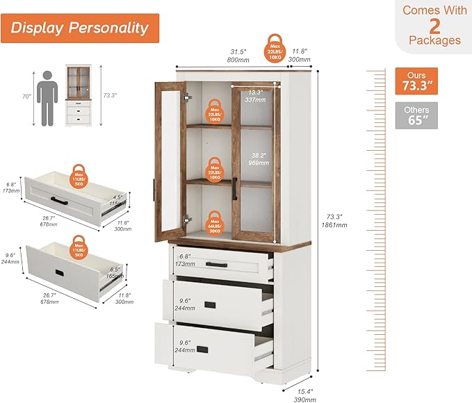 WAMPAT 3 Tier Pantry Cabinet with Drawer,73.3" Tall Floor Standing Cupboard,Modern Farmhouse Display Kitchen Buffet with Adjustable Shelves and Glass Door for Dining Room,Living Room,White Oak