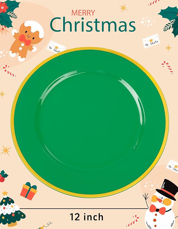 WDF 25PCS Green Plastic Charger Plates - 12inch Green and Gold Chargers for Dinner - Disposable Charge Plates - Perfect for Party Elegant Tabletop Decor St. Patrick's Day