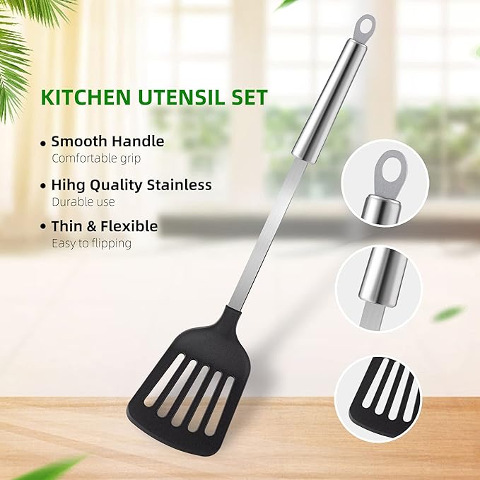 TJ POP Kitchen Utensils Set 7 Pcs, Premium Stainless Steel Heat Resistant Cooking Utensils Sets, Kitchen Gadgets Accessories Tools for Non-stick Cookware (BPA Free)