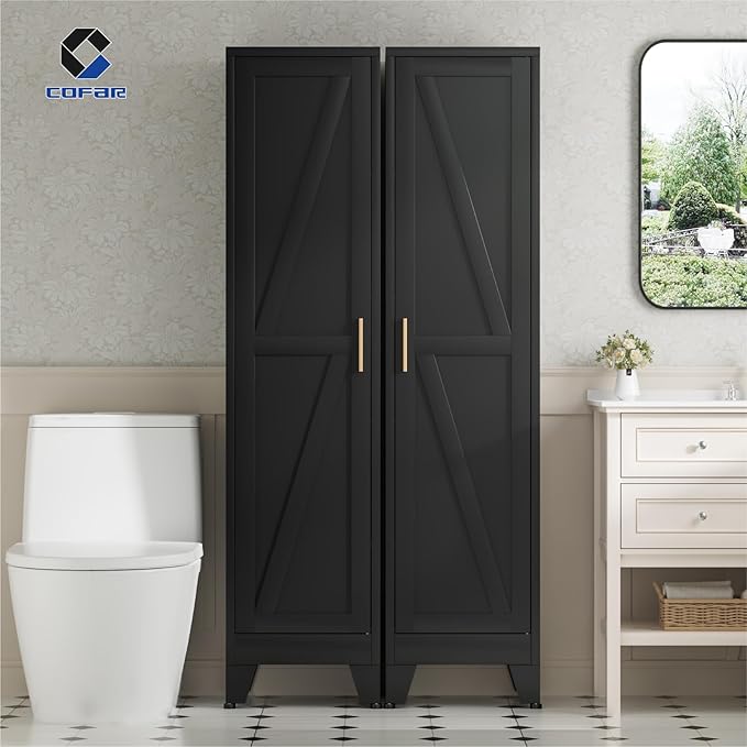 COFaR 67'' Tall Slim Bathroom Storage Cabinet, Metal Narrow Bathroom Cabinet with 4 Adjustable Shelves and One Door, Skinny Cabinet Storage for Kitchen Laundry, Black Farmhouse 5 Tiers