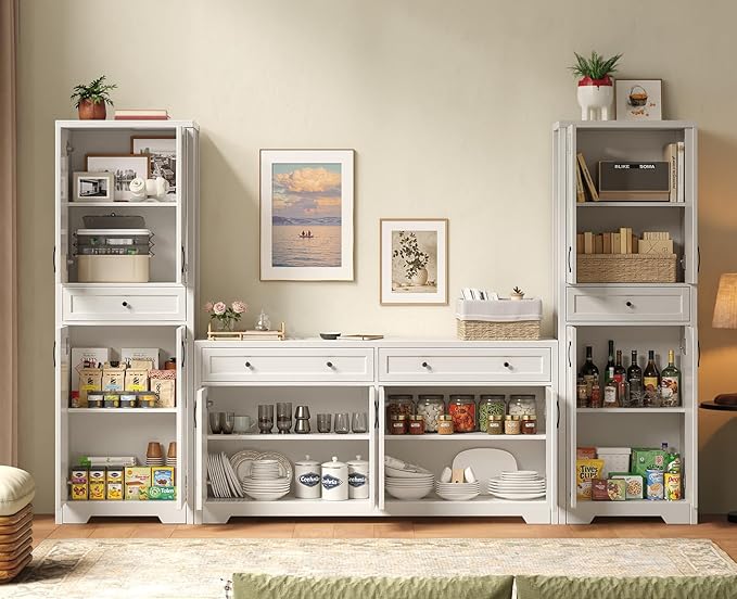 Lyromix 3 Pieces Sideboard and Pantry Set with Storage, White Farmhouse Wall Unit Entertainment Center, Large Kitchen Sideboard Buffet Pantry Cabinet with Drawers