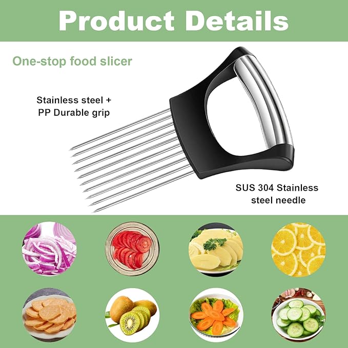 Onion Holder for Slicing & Crinkle Cutter Knife, Stainless Steel Onion Slicer Holder French Fry Cutter,Kitchen Gadgets, Multi-Use Chopper with Handle for Lemon Onions Tomatoes Avocados Potatoes